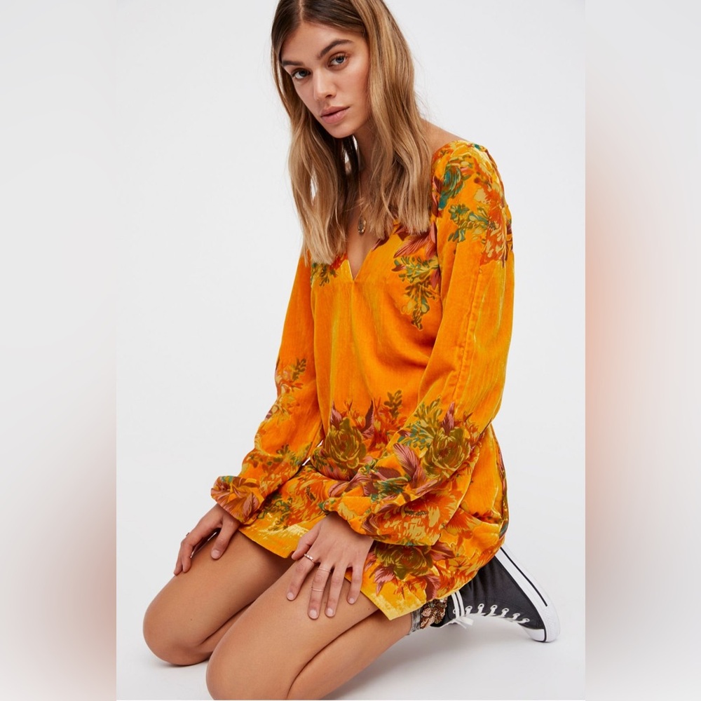 Free People Misha Burnout Velvet Mini Dress - XS Orange Floral Boho Fall Party